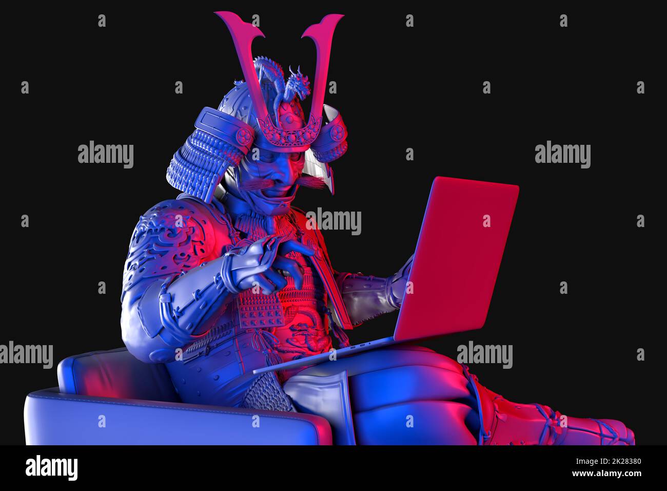 Il giapponese Samurai in armatura completa utilizza un PC portatile. 3D rendering Foto Stock