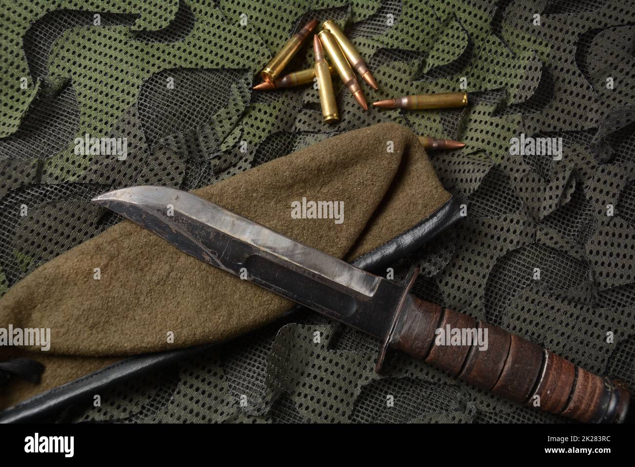 Coltello da combattimento tattico in acciaio inox, manico in pelle. Lama in acciaio Damasco Foto Stock