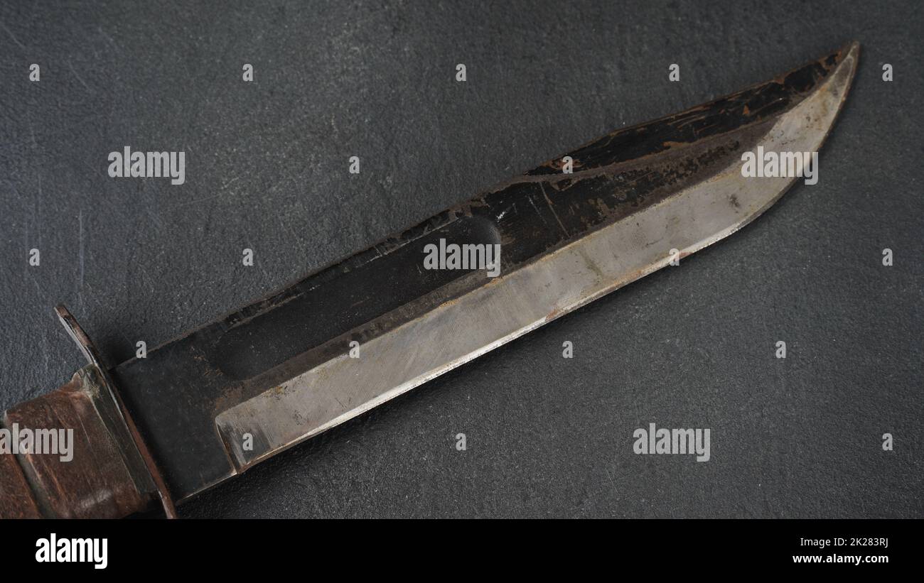 Coltello da combattimento tattico in acciaio inox, manico in pelle. Lama in acciaio Damasco Foto Stock