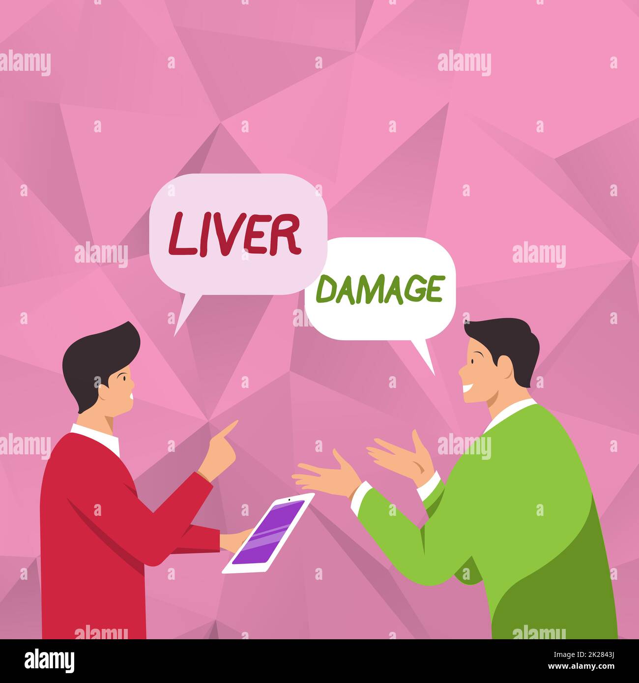 Scrittura a mano del testo danno al fegato. Concetto di Internet danno al fegato e la sua funzione a causa di abuso di alcol due uomini colleghi in piedi condividere pensieri insieme con Speech Bubbles Foto Stock