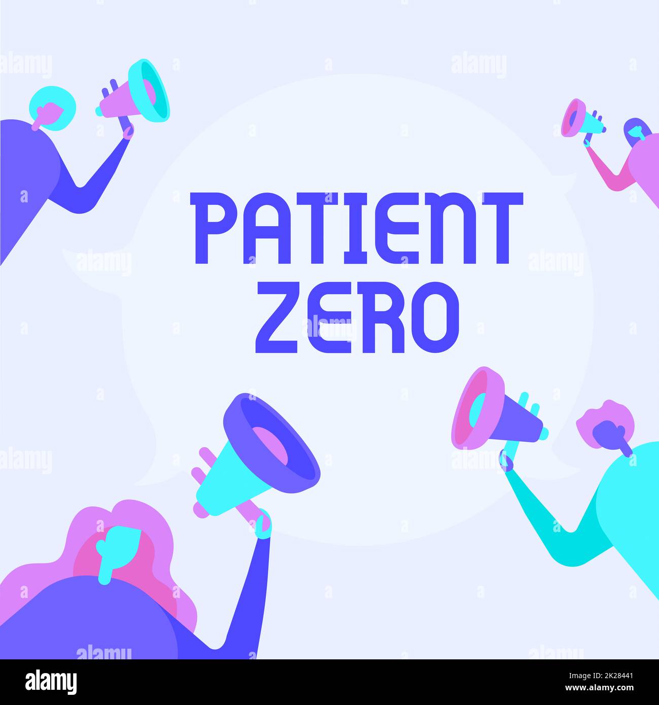 Didascalia concettuale Patient Zero (Zero paziente). Foto concettuale portatore di malattia primaria della gente di malattia altamente contagiosa disegno che tiene i loro megafoni che parlano l'uno con l'altro. Foto Stock