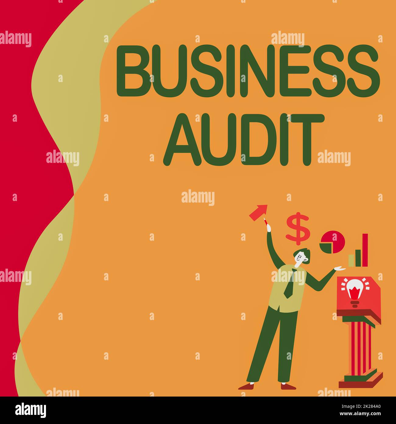 Didascalia concettuale Business Audit. Business idea esame del rapporto finanziario di un'organizzazione Manstanding da solo presentando grafici e nuove idee finanziarie con Podium. Foto Stock