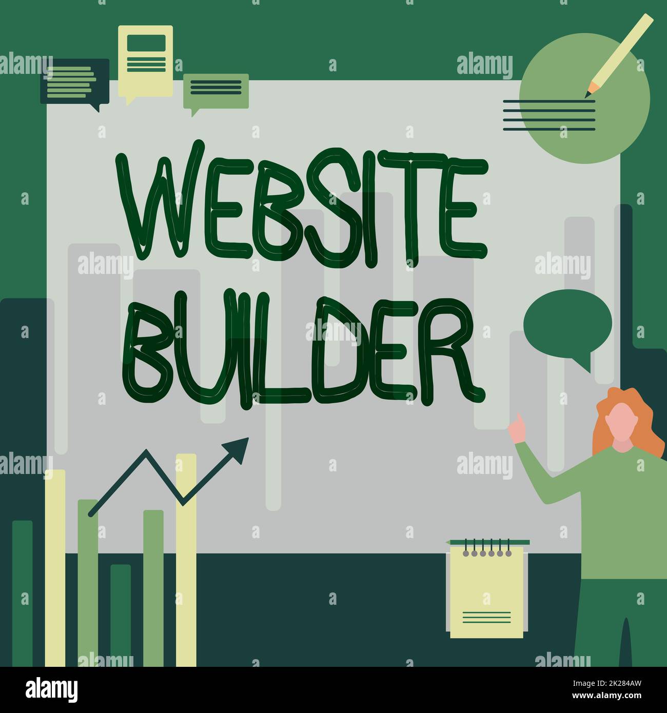 Visualizzazione concettuale di Website Builder. Business Concept Website Builder Businesswoman Casual Standing presentare grafici e nuove idee meravigliose. Foto Stock