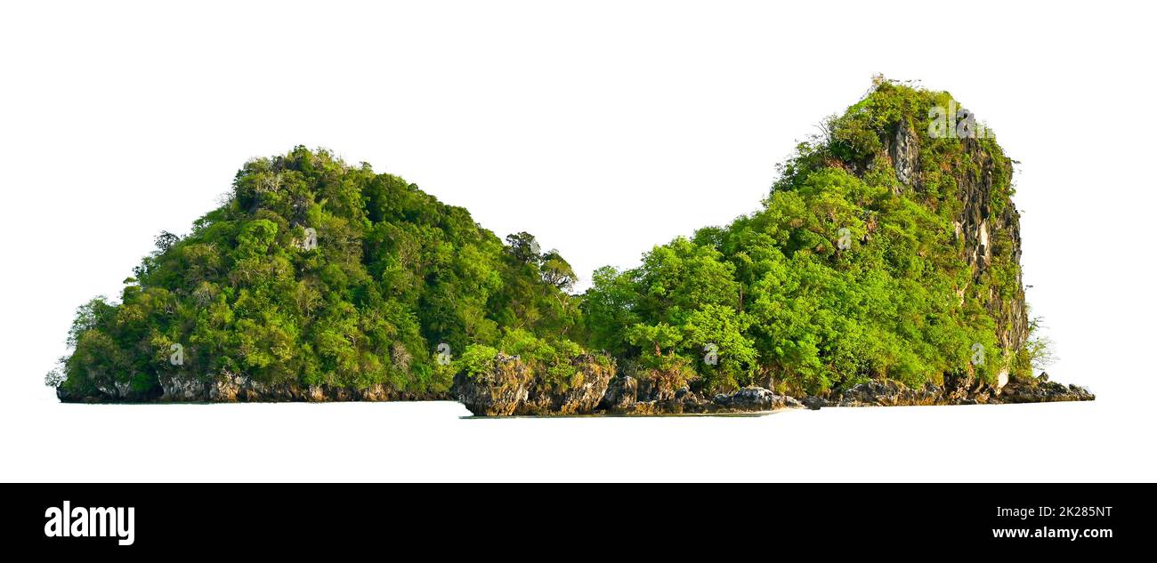 Isolare l'isola nel mezzo del mare verde sullo sfondo bianco separato dallo sfondo Foto Stock