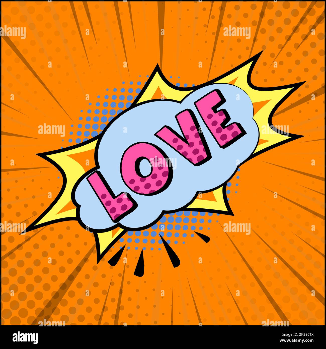 Fumetto zoom iscrizione AMORE su sfondo colorato - Vector Foto Stock