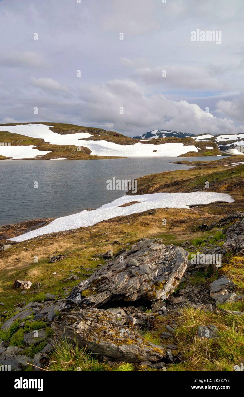 Paesaggio di montagna sul altopiano montano norvegese Vikafjell Foto Stock