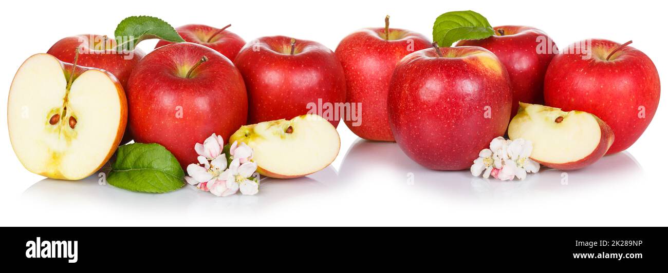 Mela frutta mele rosse frutta isolato su bianco in una fila Foto Stock