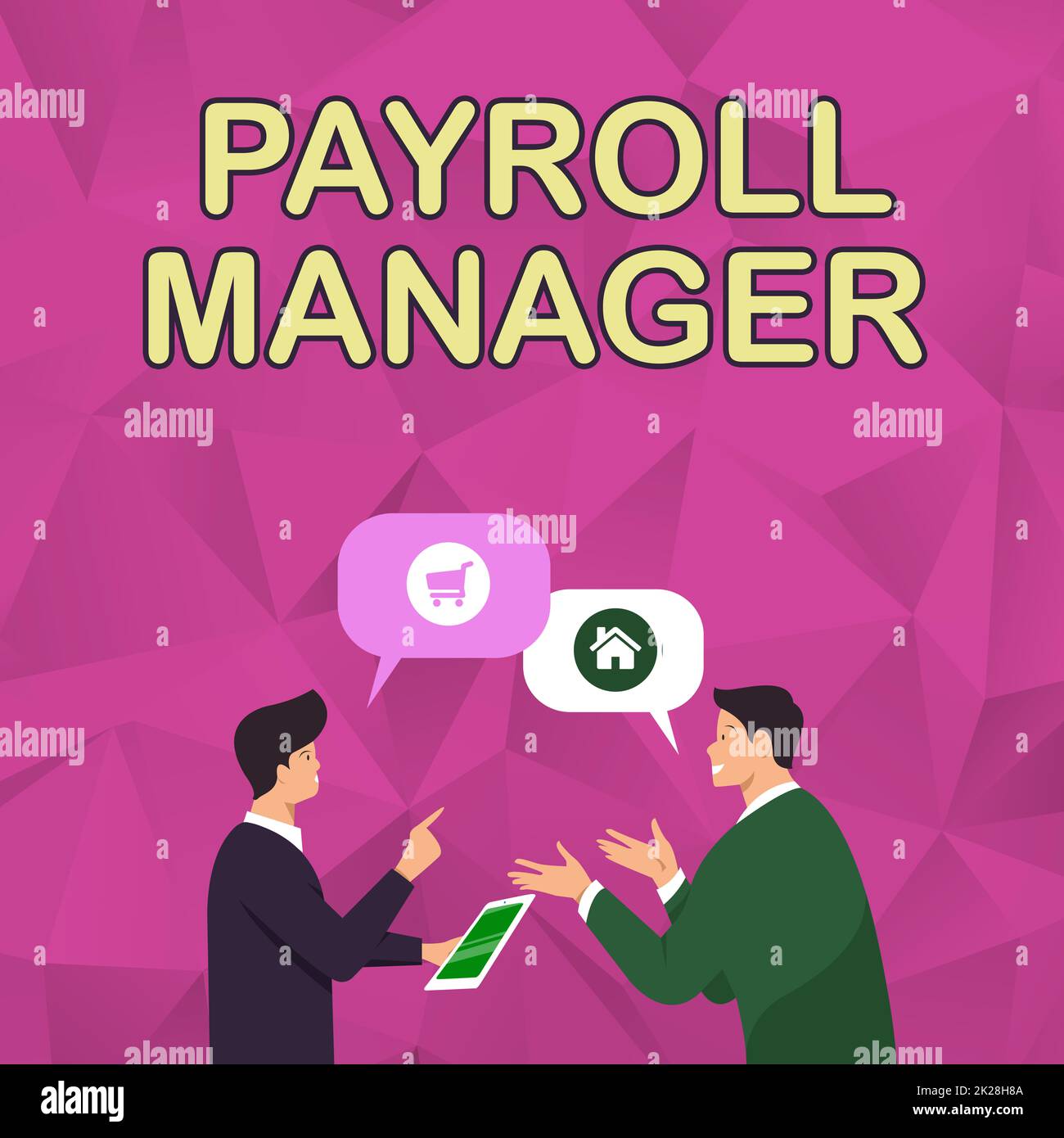 Firma scritta a mano Payroll Manager. Il concetto del Internet mantiene le informazioni di libro paga progettando i sistemi due colleghi uomini che si levano in piedi che ripartiscono i pensieri insieme con le bolle di discorso Foto Stock