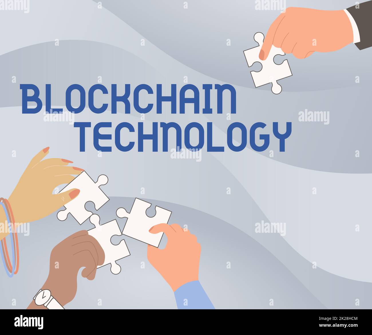 Cartello di testo che mostra la tecnologia della catena a blocchi. Word for Digital ledger memorizzato in una rete distribuita Illustrazione delle mani tenere Jigsaw Puzzle pezzi aiutare ciascuno. Foto Stock
