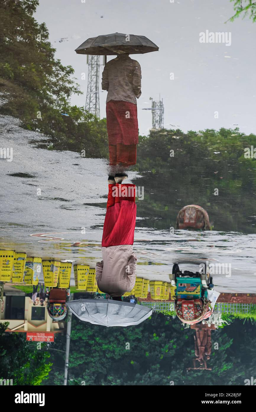 Puddle riflesso di una ragazza con un ombrello. Ombrello donna e acqua riflessione. Spazio copia. Una donna con un ombrello cammina per strada sotto la pioggia. Foto Stock