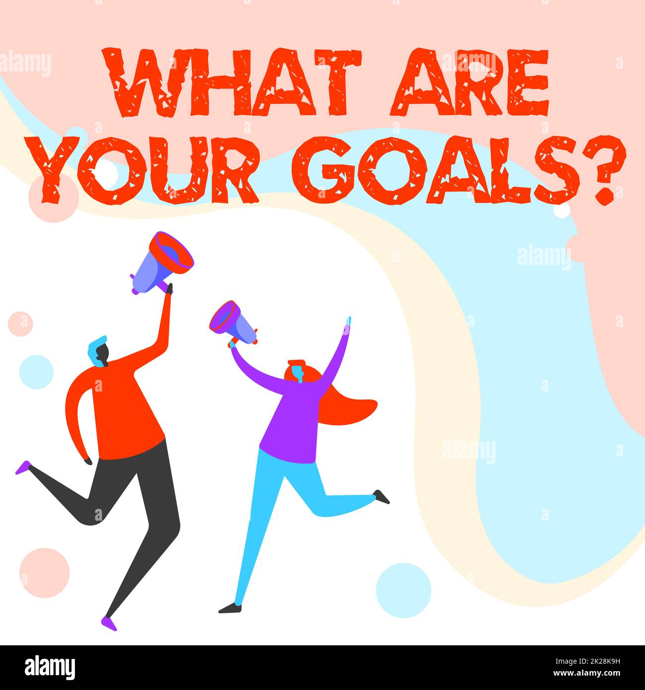 Testo che mostra l'ispirazione Question sono i tuoi obiettivi. Foto concettuale quali sono i tuoi obiettivi domanda Illustrazione dei partner che saltano intorno condividere pensieri attraverso Megaphone. Foto Stock