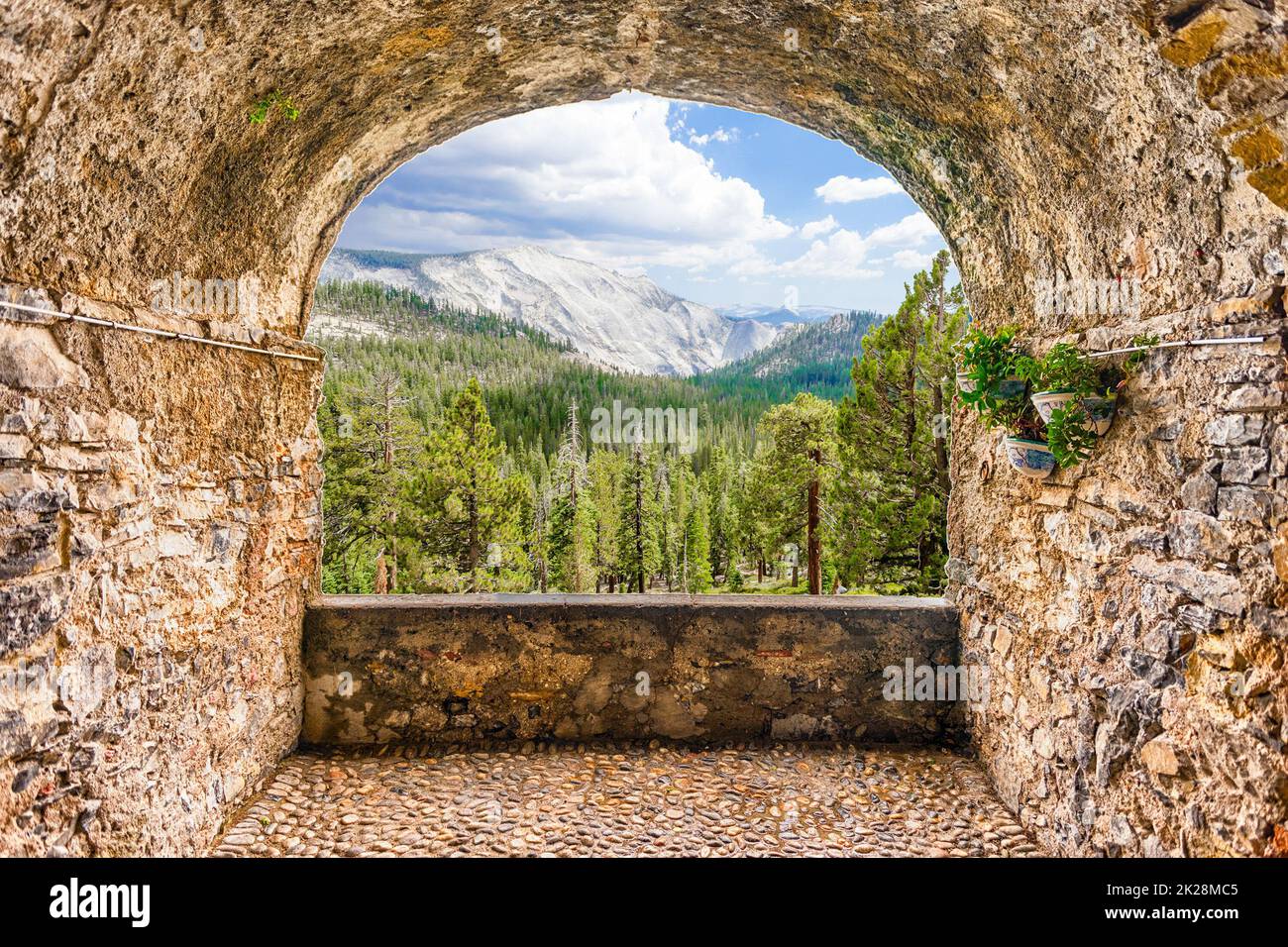 Balcone roccioso che si affaccia su una bella valle verde con foresta Foto Stock