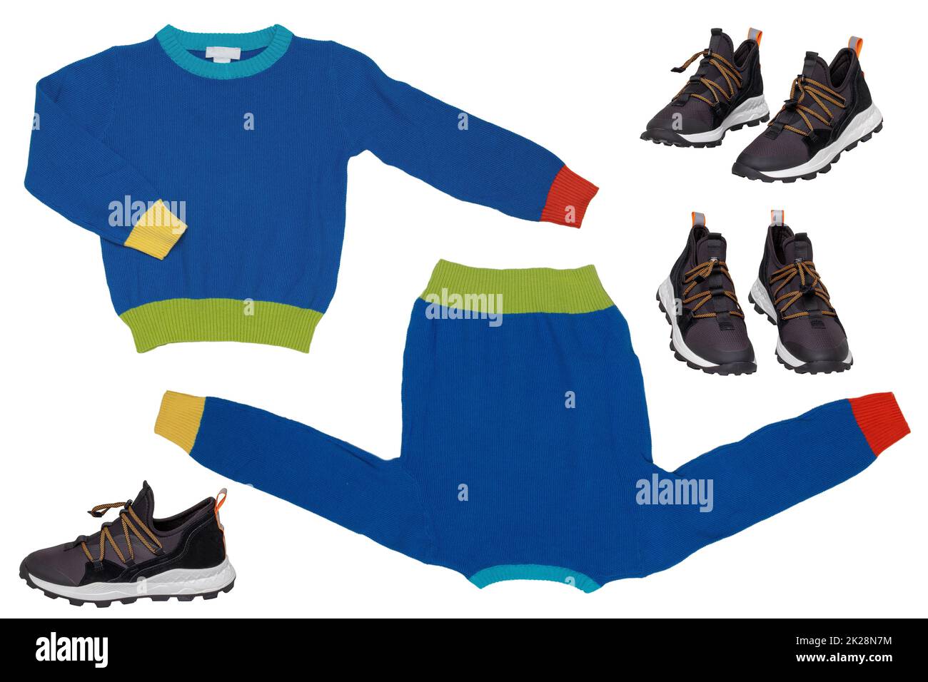 Collage Set di un bellissimo maglione per bambini blu o cardigan lavorato a maglia e sneakers o scarpe sportive moderne per bambino isolato su bianco. Moda autunno e inverno per bambini. Foto Stock