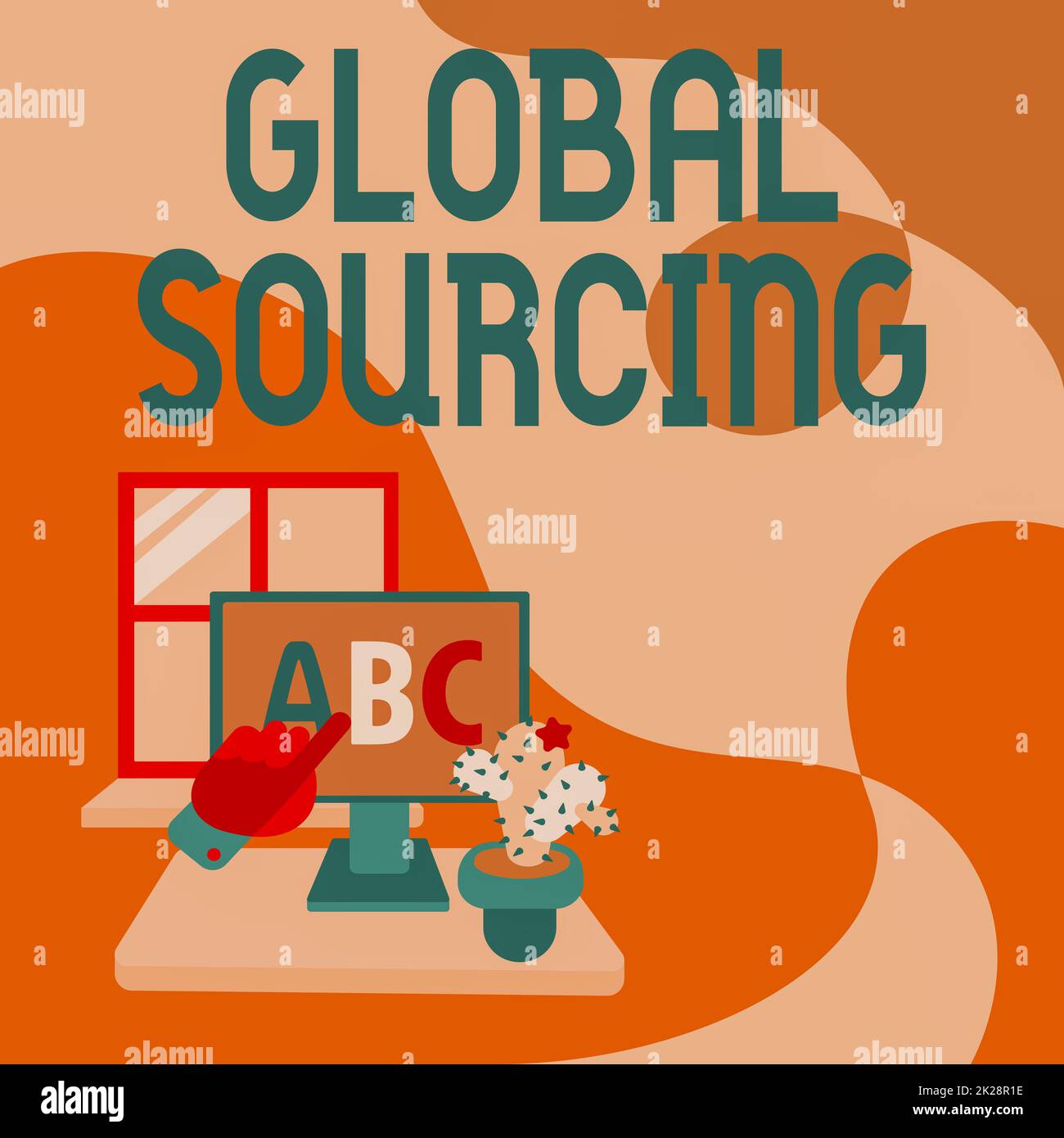Segno che mostra Global Sourcing. Vetrina aziendale pratica di sourcing dal mercato globale per le merci mano mostrando lettere puntando browser web schermo con Cactus a fianco. Foto Stock