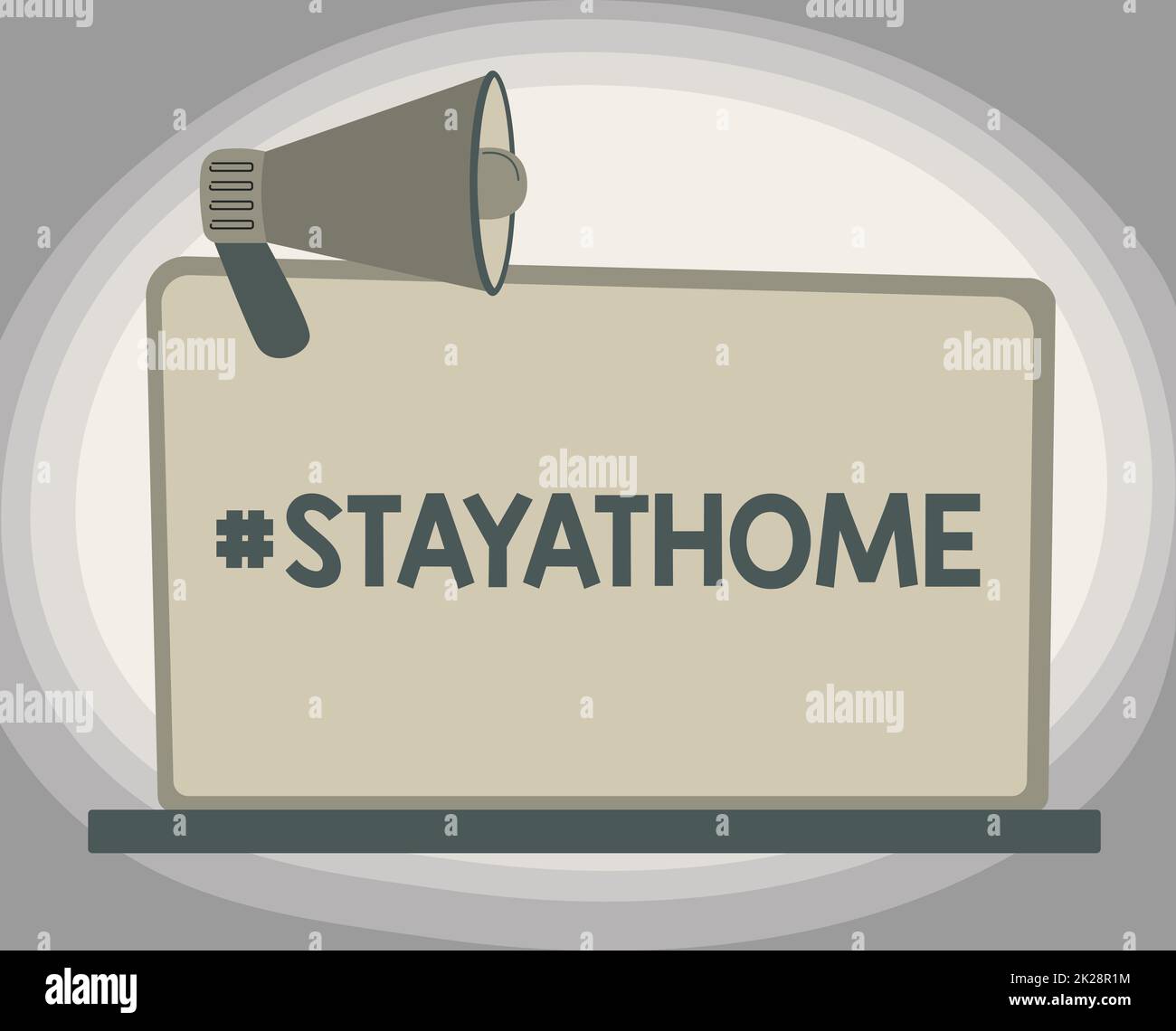Scrittura a mano di testo hashtag rimanere a casa. Business idea un'etichetta di tendenza nei social media relativa all'epidemia di coronvirus Illustrazione di Megaphone su Blank Monitor fare Annunci. Foto Stock