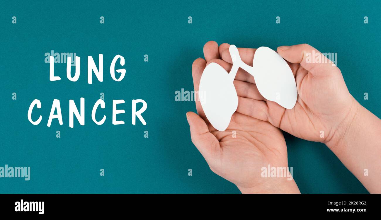 Il cancro polmonare è in piedi sullo sfondo, la donna tiene il polmone nelle sue mani, la malattia da fumo, problema di salute, il giorno della consapevolezza Foto Stock