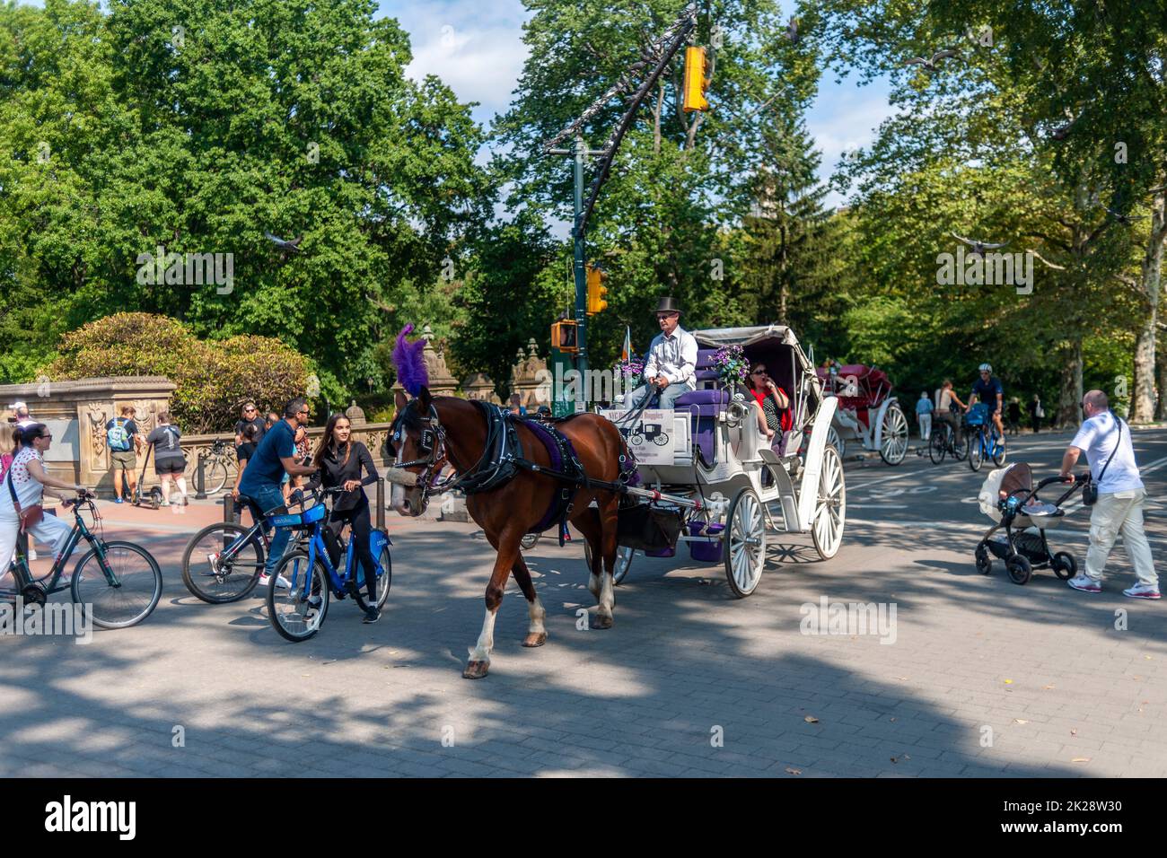 Carrozze trainate da cavalli, scooter, corridori e biciclette sulla trafficata 72nd Street Transverse a Central Park a New York sabato 17 settembre 2022. (© Richard B. Levine) Foto Stock