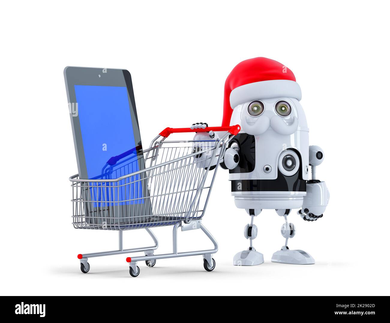 Robot Babbo Natale con computer tablet e carrello della spesa Foto Stock