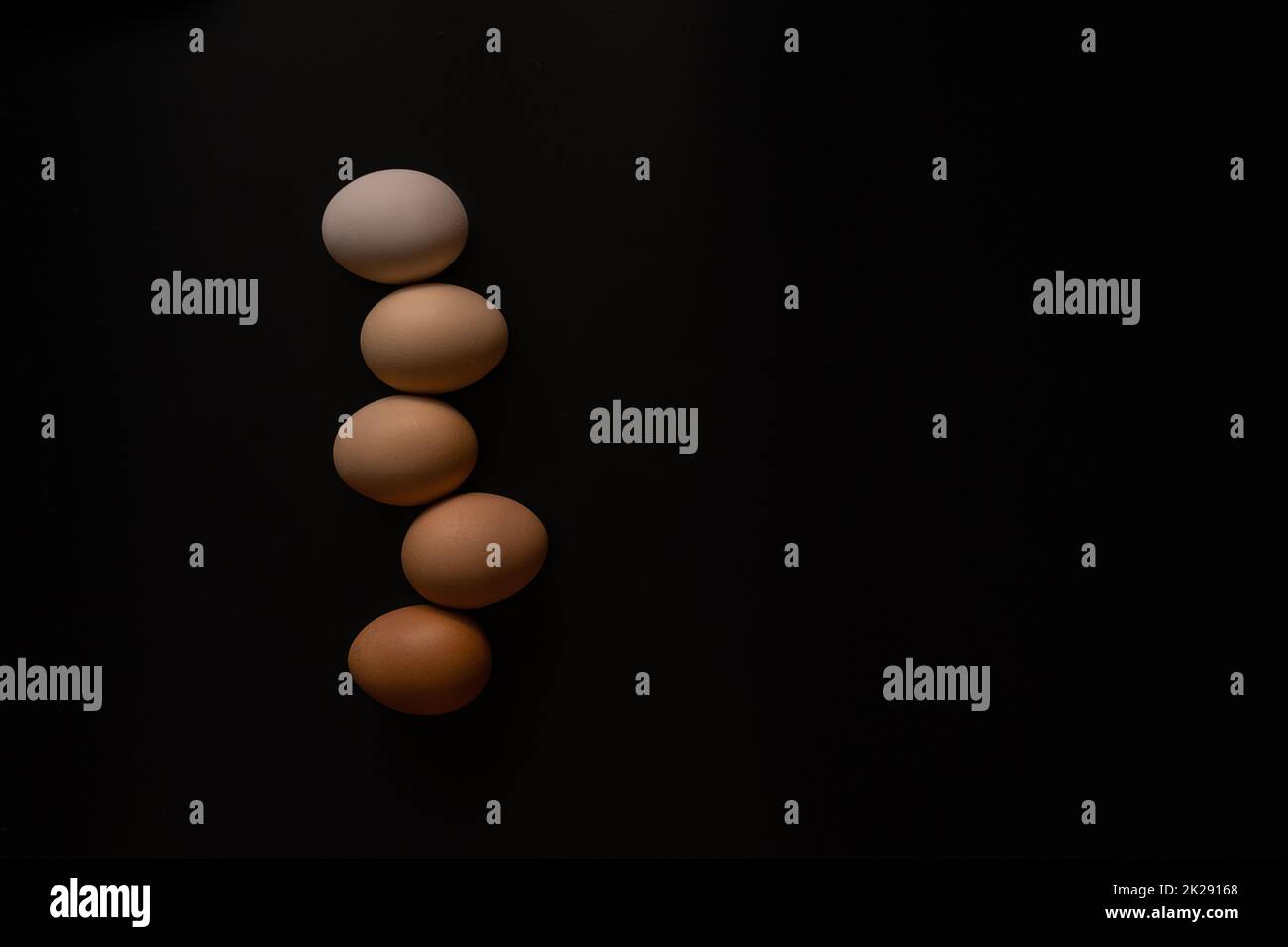 Uova di diverse sfumature su sfondo nero Foto Stock