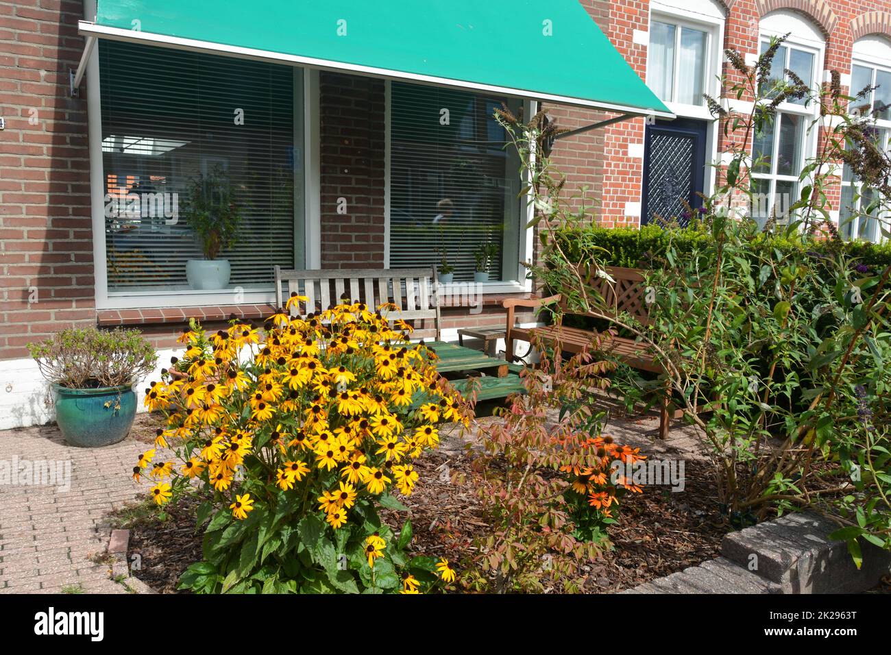Facciata tipica della casa con giardino frontale e fiori a ZIERIKZEE, Paesi Bassi Foto Stock