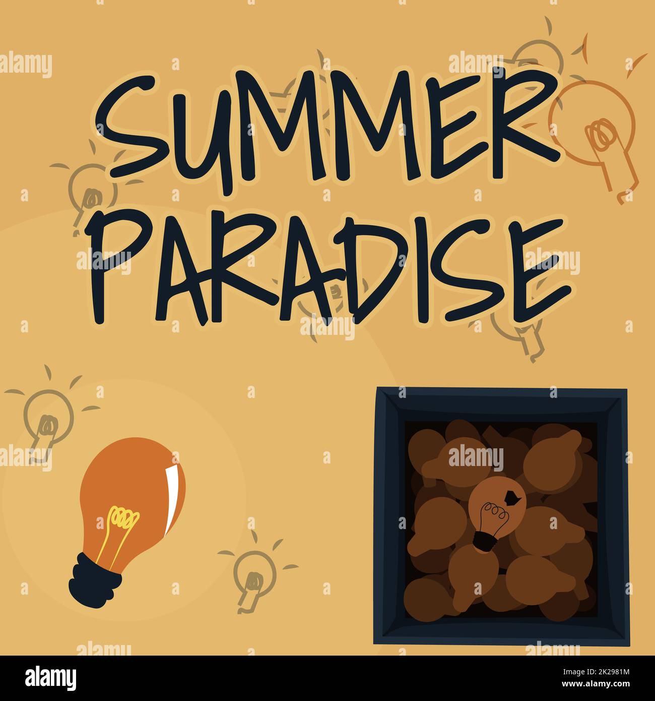 Scrittura con testo Summer Paradise. Concetto di business trascorrere le vacanze in un luogo ideale o idilliaco o stato incandescente lampadina disegno in scatola visualizzati freschi scoperte. Foto Stock