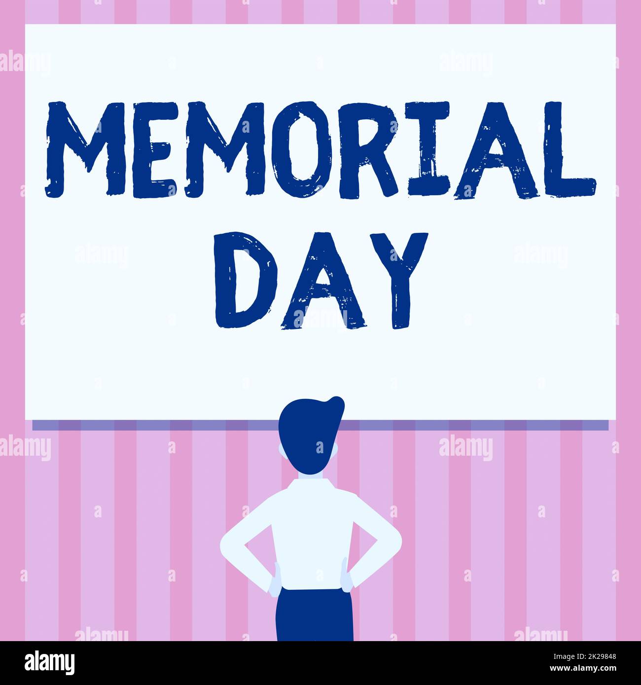 Esposizione concettuale Memorial Day. Concetto che significa ricordare il personale militare che è morto in servizio uomo disegno mani in piedi N fianchi guardando una lavagna vuota. Foto Stock