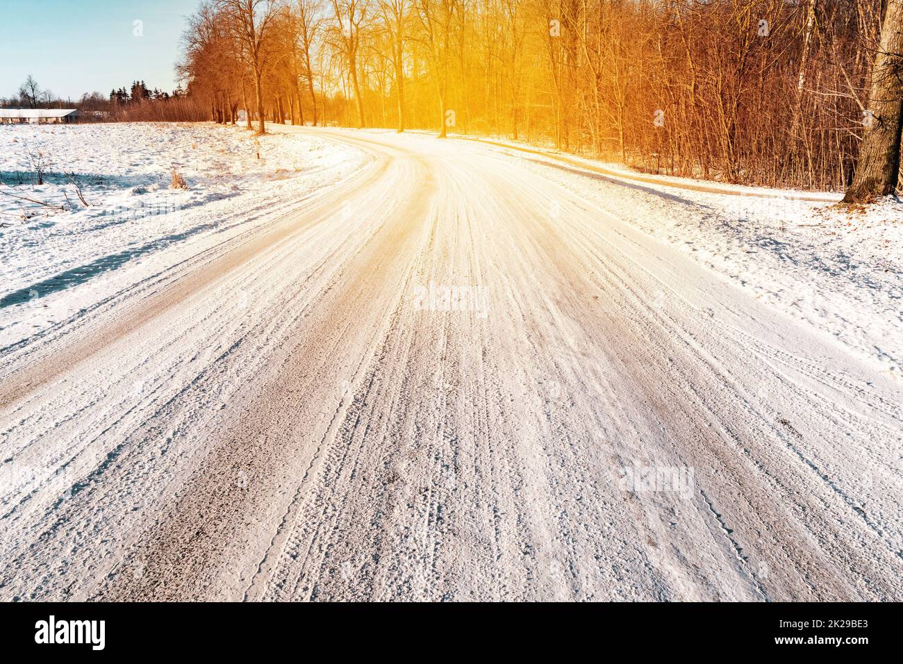 Snowy Forest Road in una mattinata invernale soleggiato Foto Stock