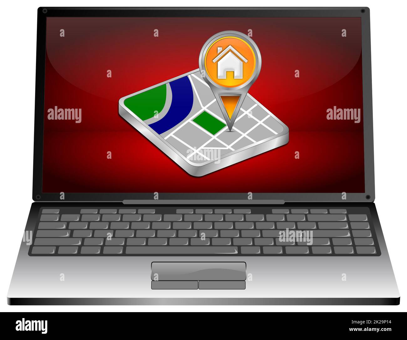 Computer portatile con puntatore della mappa Home arancione sul desktop rosso - immagine 3D Foto Stock