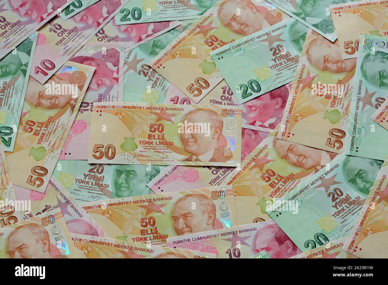 Pila di banconote di lira turche diverse Foto Stock