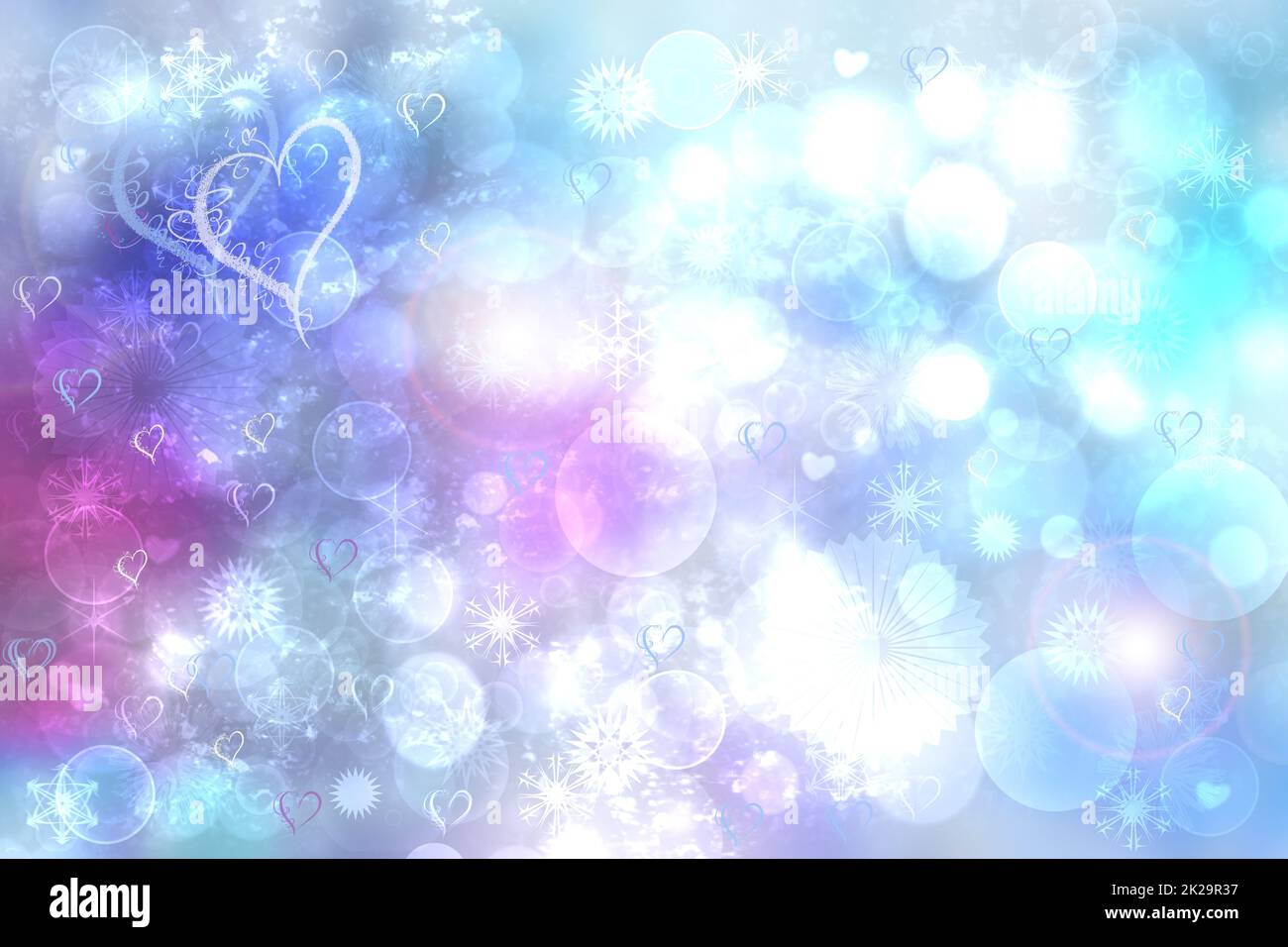 Modello di biglietto giornaliero per San Valentino o le madri. Astratto delicato romantico illustrato sfumatura rosa chiaro arancione sfondo texture grigio con cuori e stelle bokeh. Bellissimo sfondo. Foto Stock