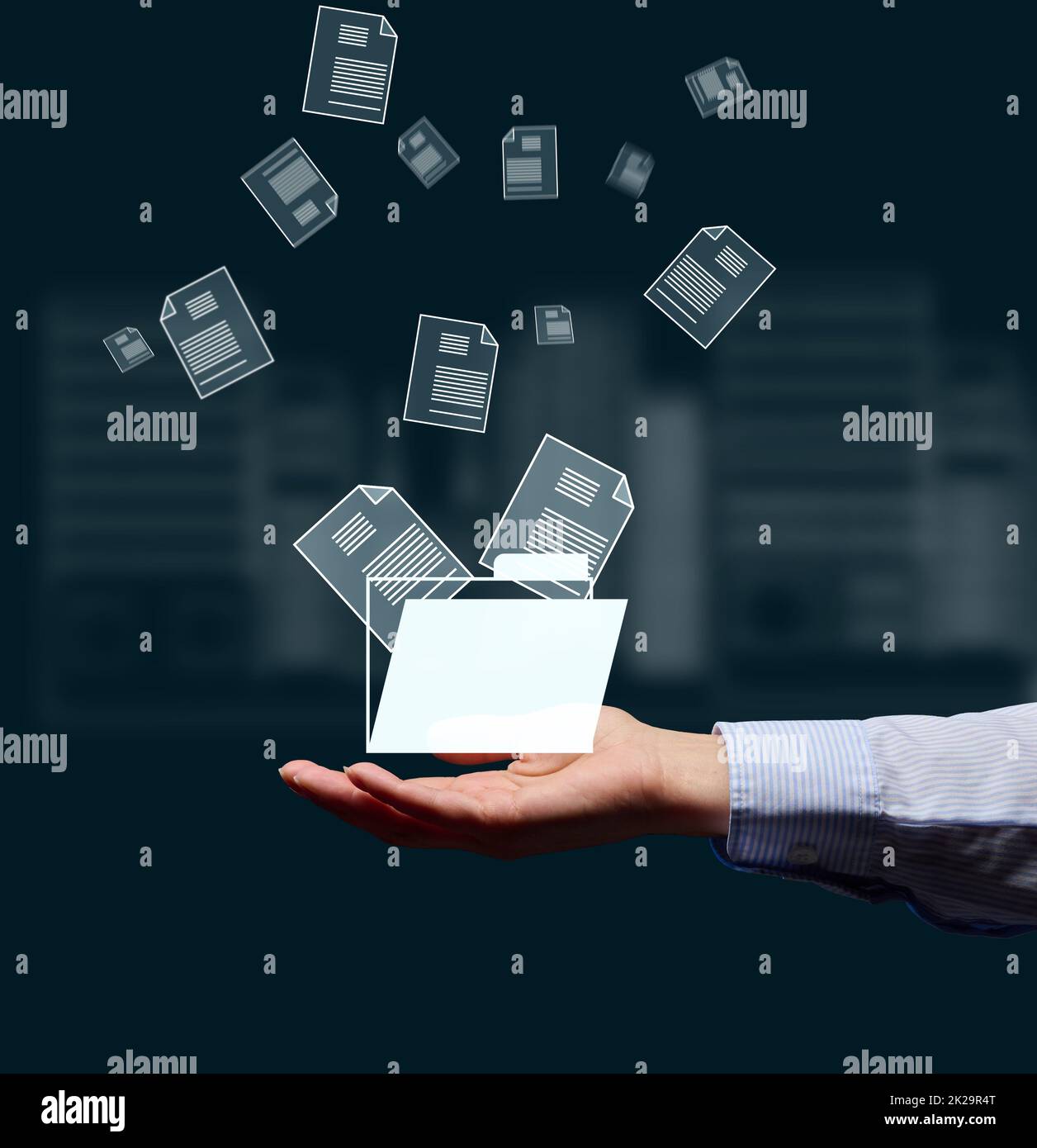 Il concetto di flusso dei documenti nell'azienda, la transizione alla tecnologia senza carta. Gestione elettronica dei documenti, riduzione della burocrazia Foto Stock
