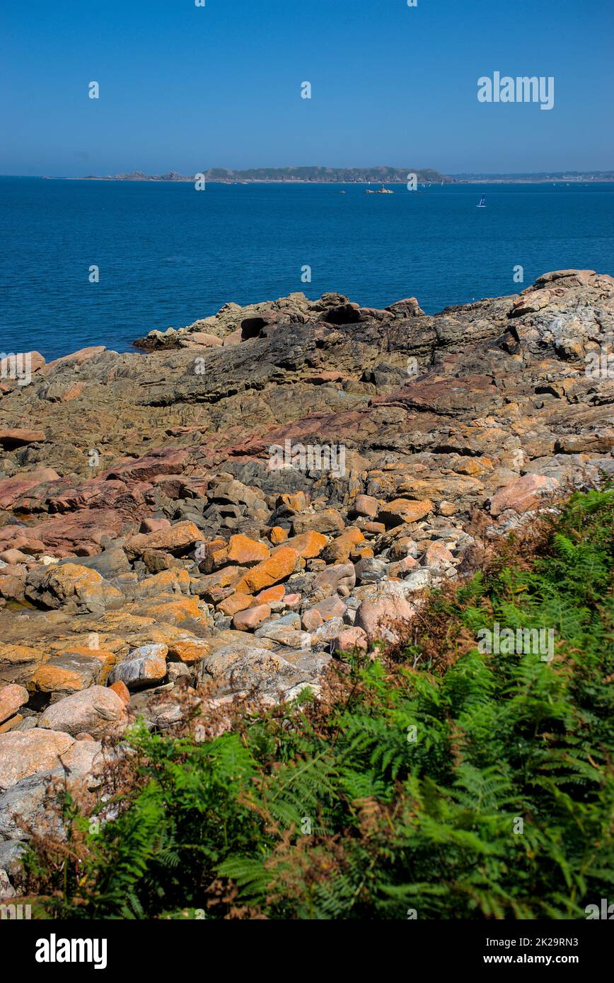 Blocchi monolitici di granito rosa nelle Cotes d'Armor in Bretagna, Francia. Costa di granito rosa Foto Stock