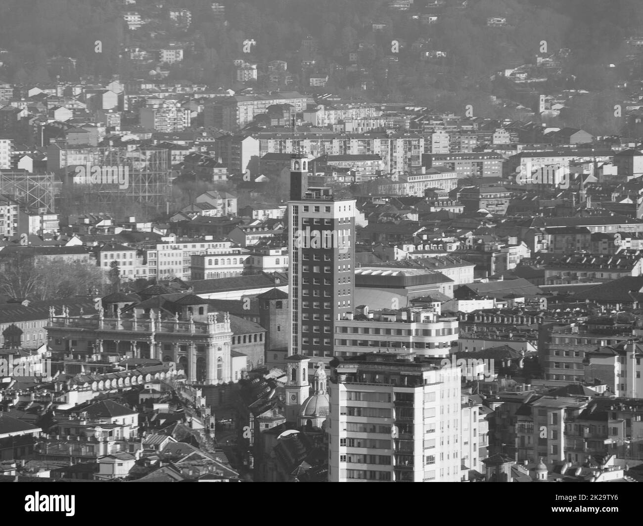 Veduta aerea del centro di Torino in bianco e nero Foto Stock