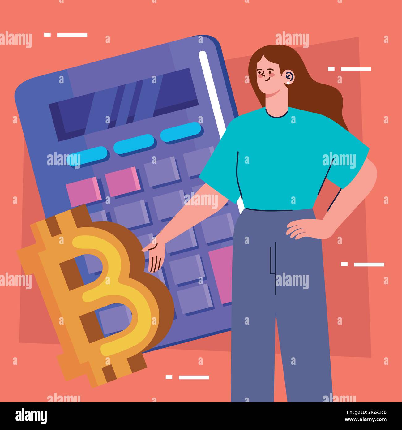 bitcoin con calcolatrice e donna Illustrazione Vettoriale
