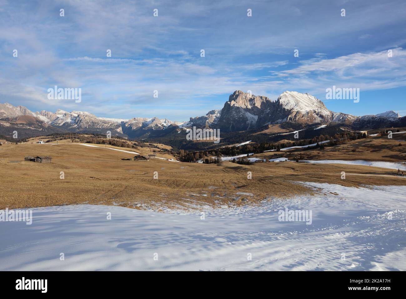 Alpe di Seiser con il Gruppo Langkofel. Alto Adige. Italia Foto Stock