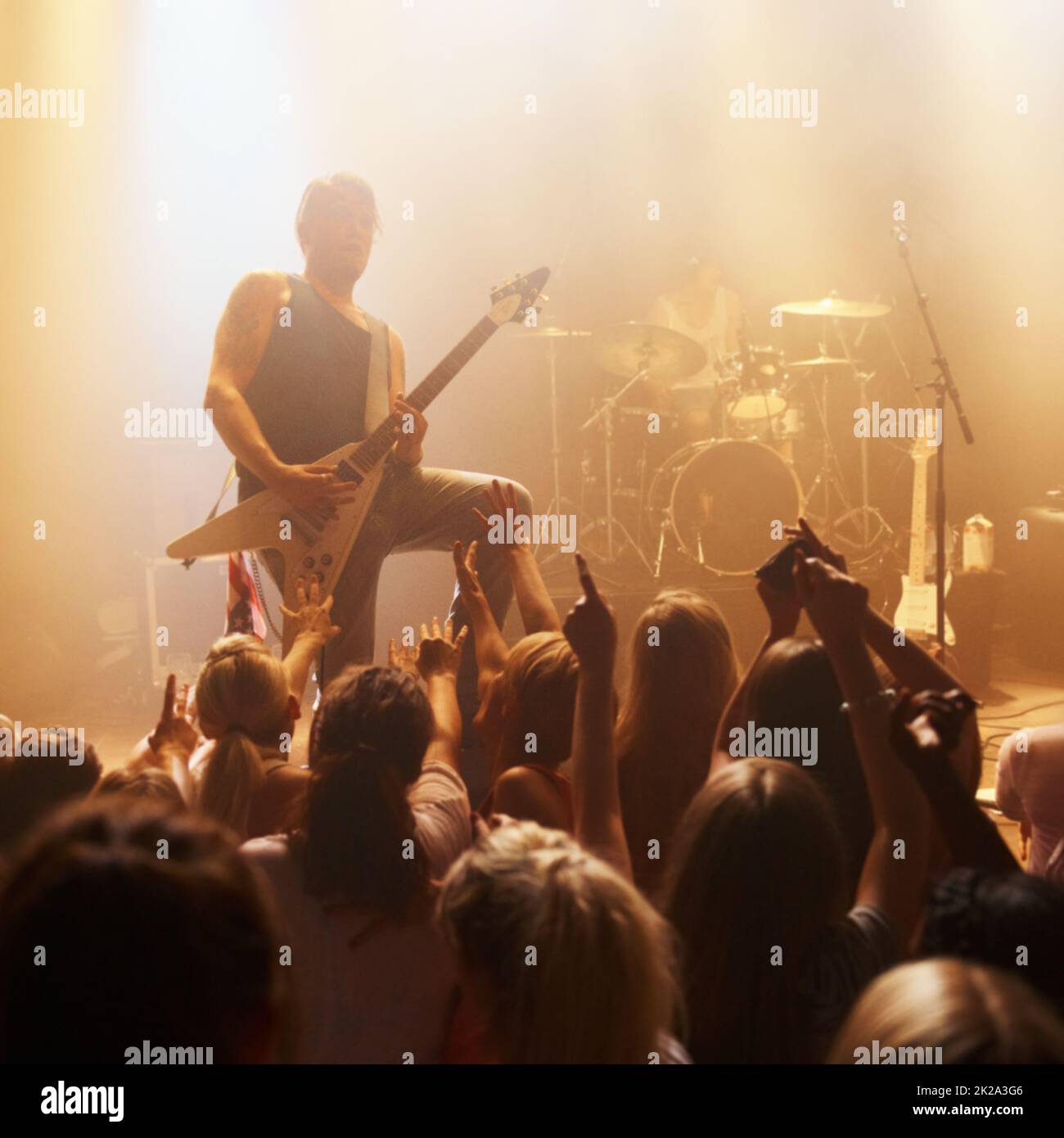 Ripresa di un giovane chitarrista che ha eseguito un solista per la folla in un concerto di musica. Questo concerto è stato creato per l'unico scopo di questo servizio fotografico, con 300 modelli e 3 band dal vivo. Tutte le persone in questo sparo sono modello rilasciato. Foto Stock