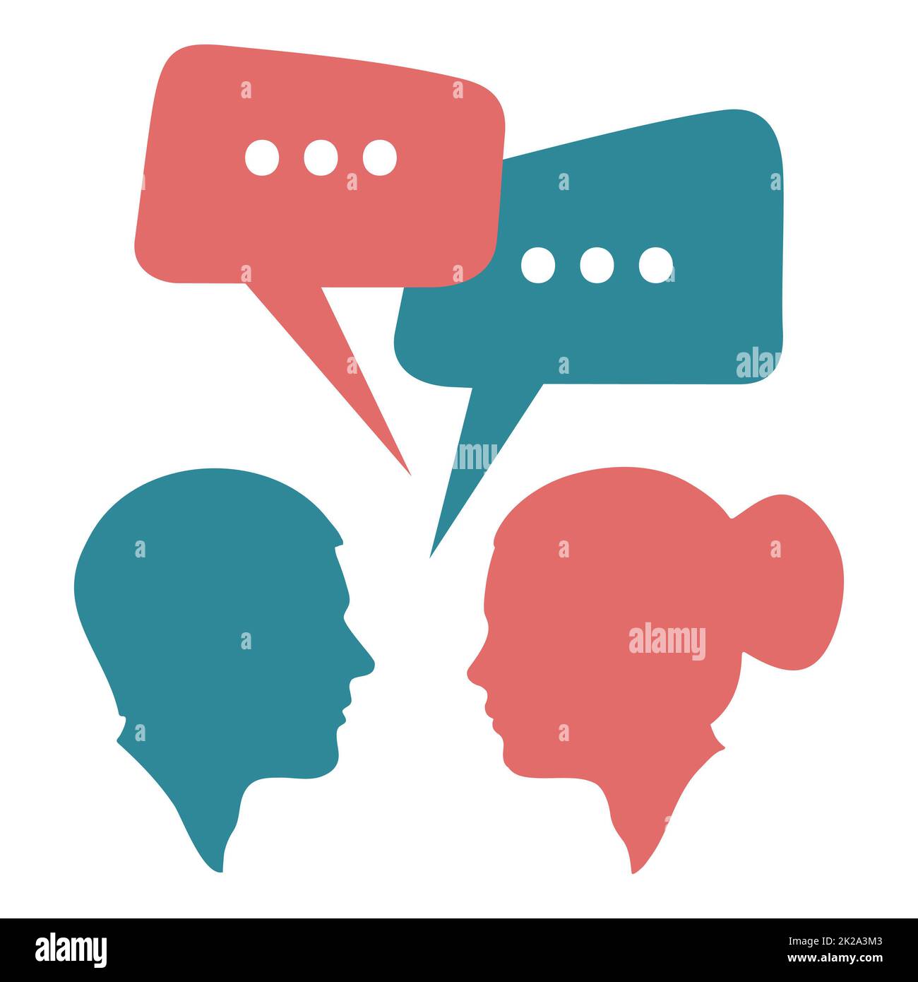 Dialogo tra uomo e donna. Silhouette di persone e bolle vocali. Illustrazione vettoriale Foto Stock