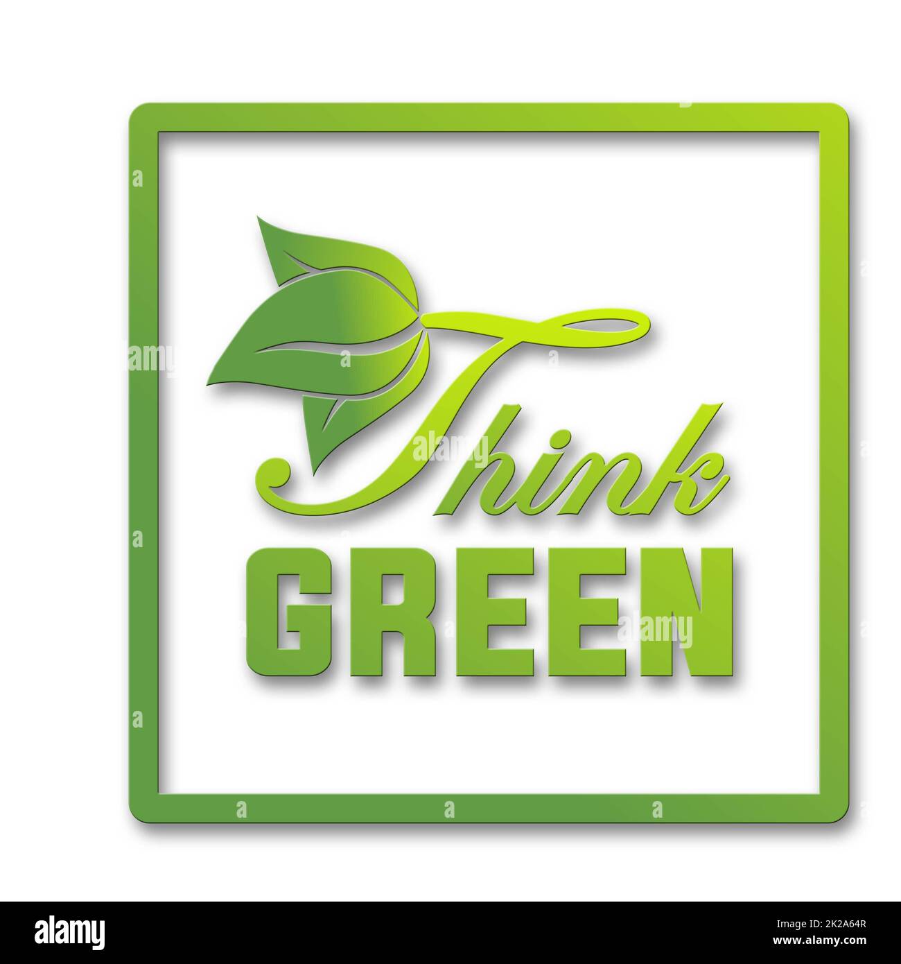 Texte sur Logo Think Green Concept - Ecologia ed energia Verde in stile trendy con elementi e cornice di piante in foglia - isolato su sfondo bianco Foto Stock