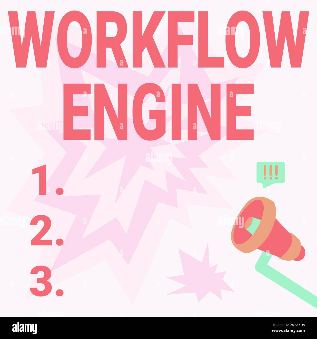 Didascalia di testo che presenta il motore del flusso di lavoro. Word scritto su un'applicazione software che gestisce i processi aziendali Illustrazione di Hand Holding Megaphone con Sun Ray Making Announcement. Foto Stock