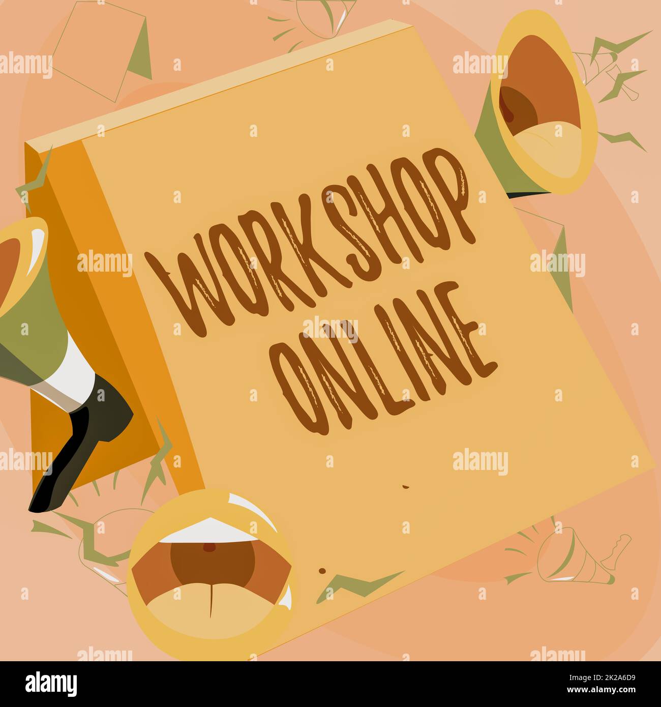 Workshop online sulla visualizzazione concettuale. Gruppo di idea di affari di mostrare coinvolgere in discussione intensiva e attività labbra megafoni forte rendendo nuovo annuncio al pubblico. Foto Stock