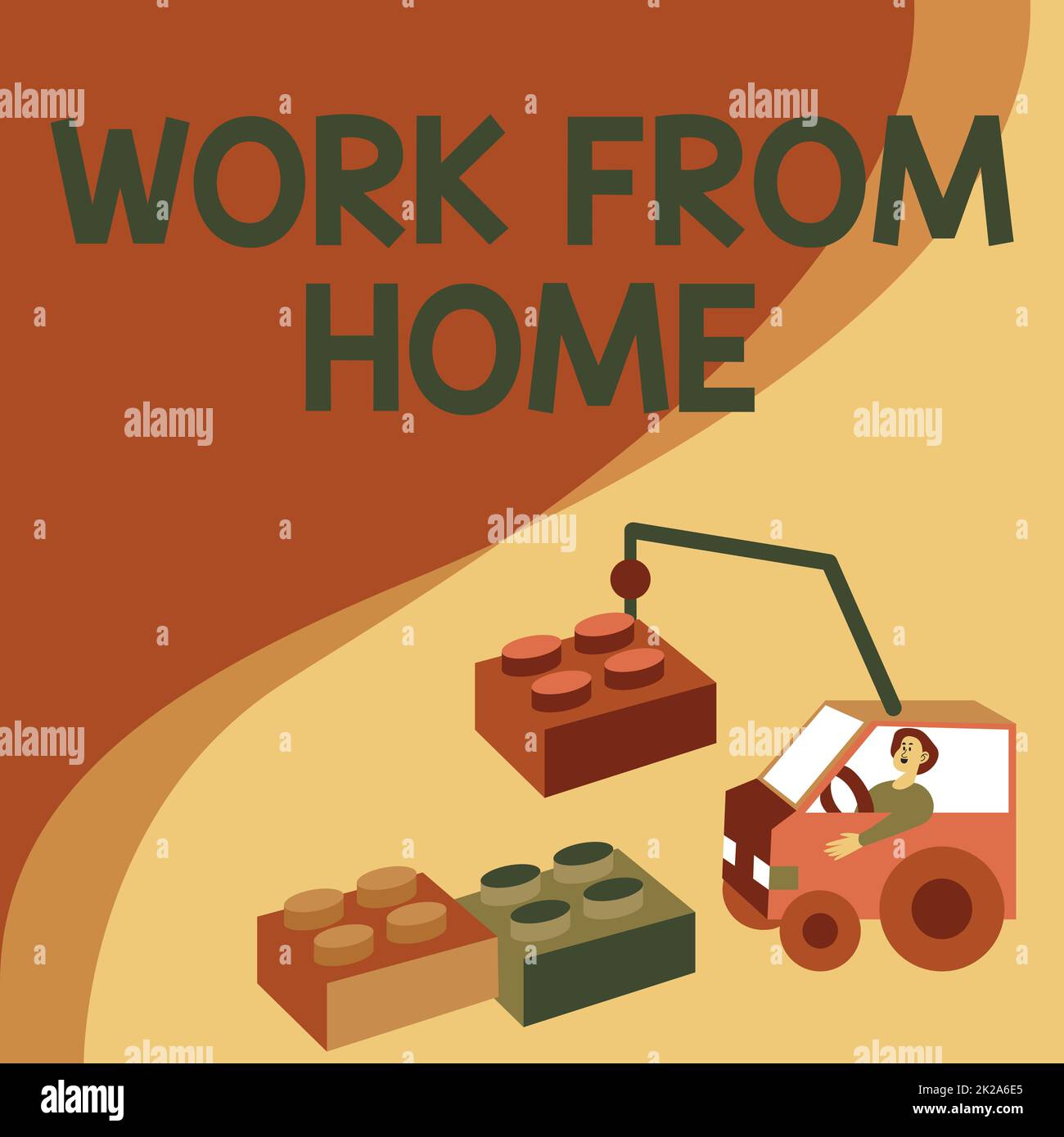 Scrittura a mano di testo da casa. Business showcase comunicare con l'azienda principalmente da casa flessibile Man in Crane muoversi intorno blocchi presentando nuove idee. Foto Stock