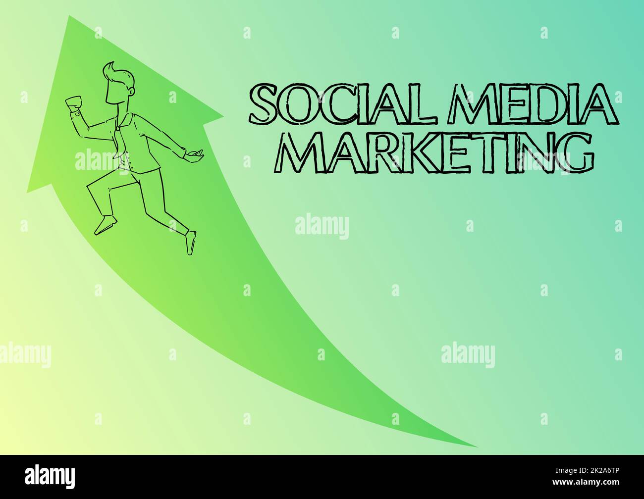 Scrittura che visualizza il testo Social Media Marketing. Panoramica di affari uso del Web site e della rete per promuovere l'illustrazione di servizio di prodotto di imprenditore felice che funziona in su con Arrow ha ottenuto la sua promozione. Foto Stock