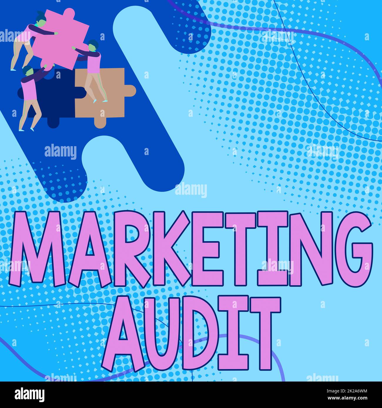 Verifica concettuale del marketing della visualizzazione. Parola per l'esame e l'analisi delle attività di marketing Team Holding Jigsaw pezzi aiutare gli altri a risolvere il problema. Foto Stock