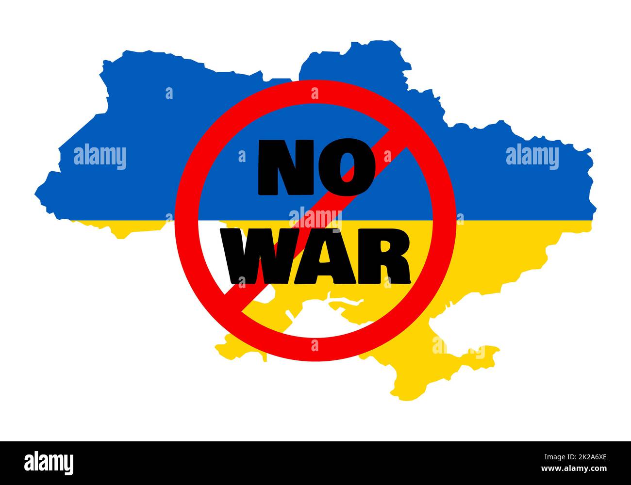 Nessun concetto di guerra con segno di divieto sulla mappa Ucraina sfondo della mappa dell'Ucraina dipinta nei colori della bandiera nazionale. Manifesto per fermare la guerra e l'attacco militare in Ucraina. Illustrazione vettoriale. Foto Stock