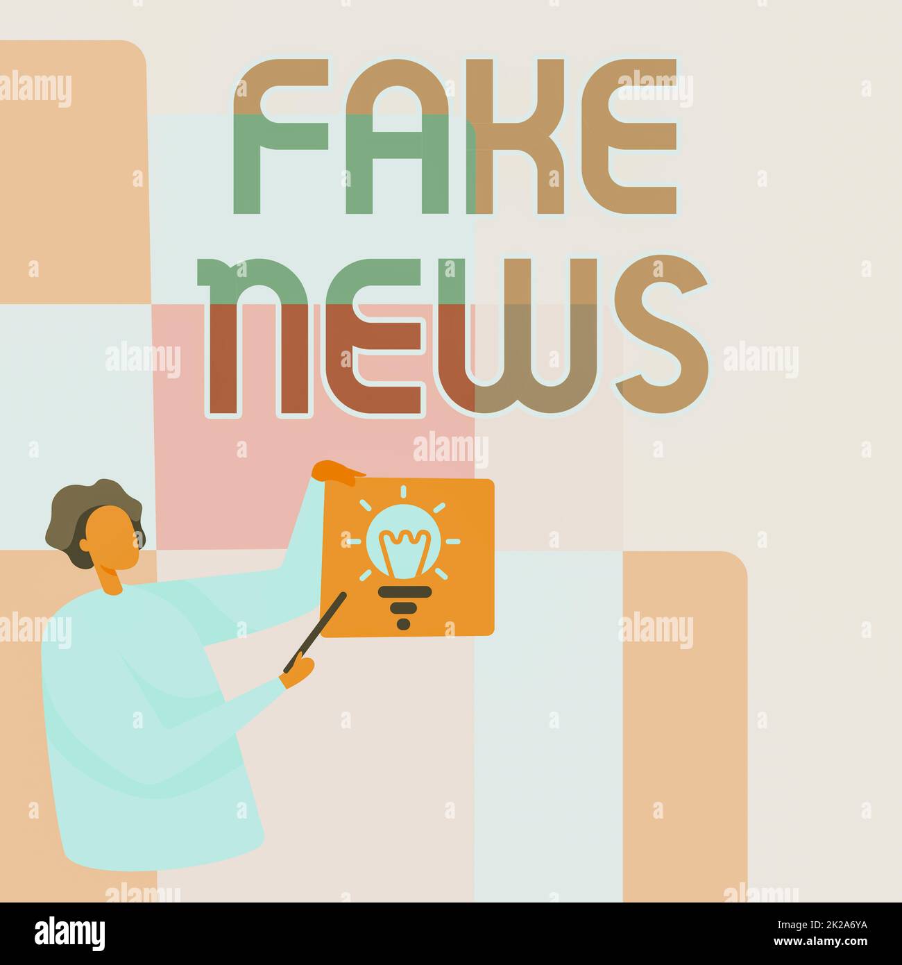 Didascalia di testo Presentazione di Fake News. Foto concettuale informazioni false infondate Hoax Man Standing Holding Paper con lampadina luminosa mentre punta il bastone. Foto Stock