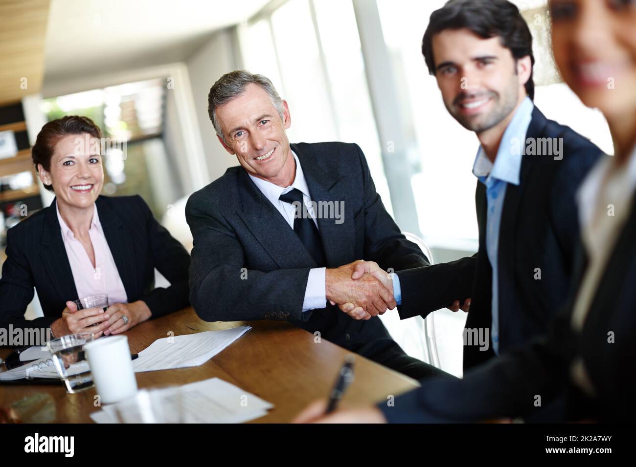 Forgiando i rapporti di affari. Un gruppo di uomini d'affari professionisti in una riunione e concludere un accordo con una stretta di mano. Foto Stock