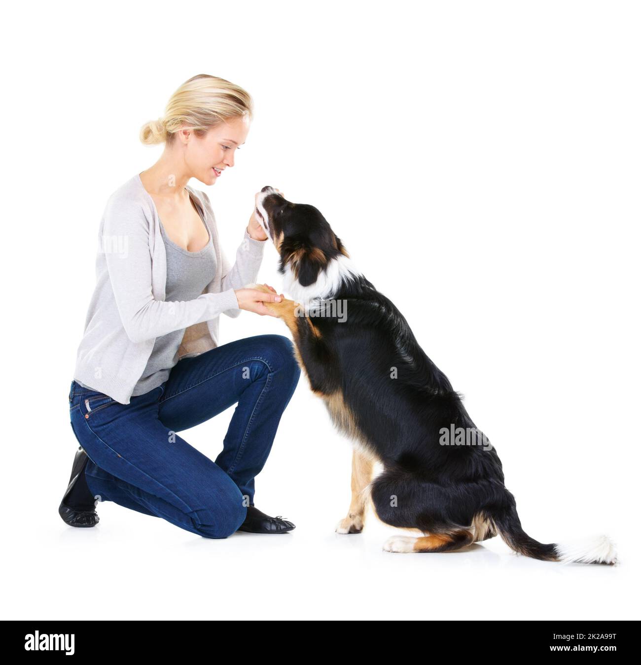 HES un ragazzo così bravo. Studio girato di una giovane donna con il suo cane isolato su bianco. Foto Stock