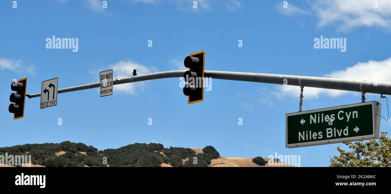 Indicazioni stradali per Niles Canyon e Niles Boulevard, California Foto Stock