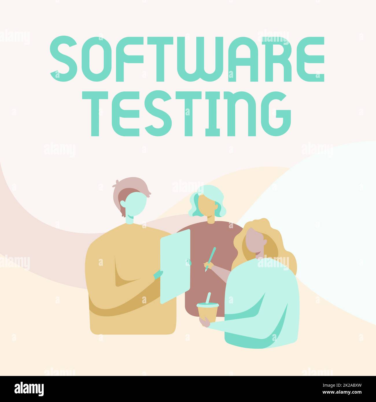 Ispirazione che mostra il test del software del segno. L'indagine concettuale della foto fornisce informazioni sulla qualità dei colleghi IT in piedi che parlano tra loro Holding Paper Pen Cup. Foto Stock