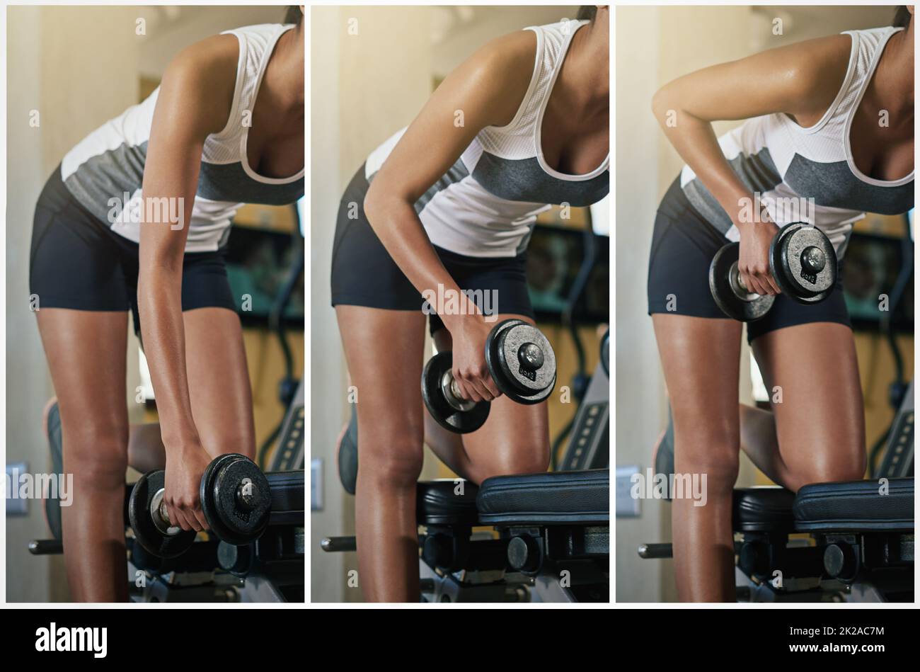 Aumentare la sua routine di allenamento del peso. Serie di immagini di una giovane donna che solleva un manubro in palestra. Foto Stock
